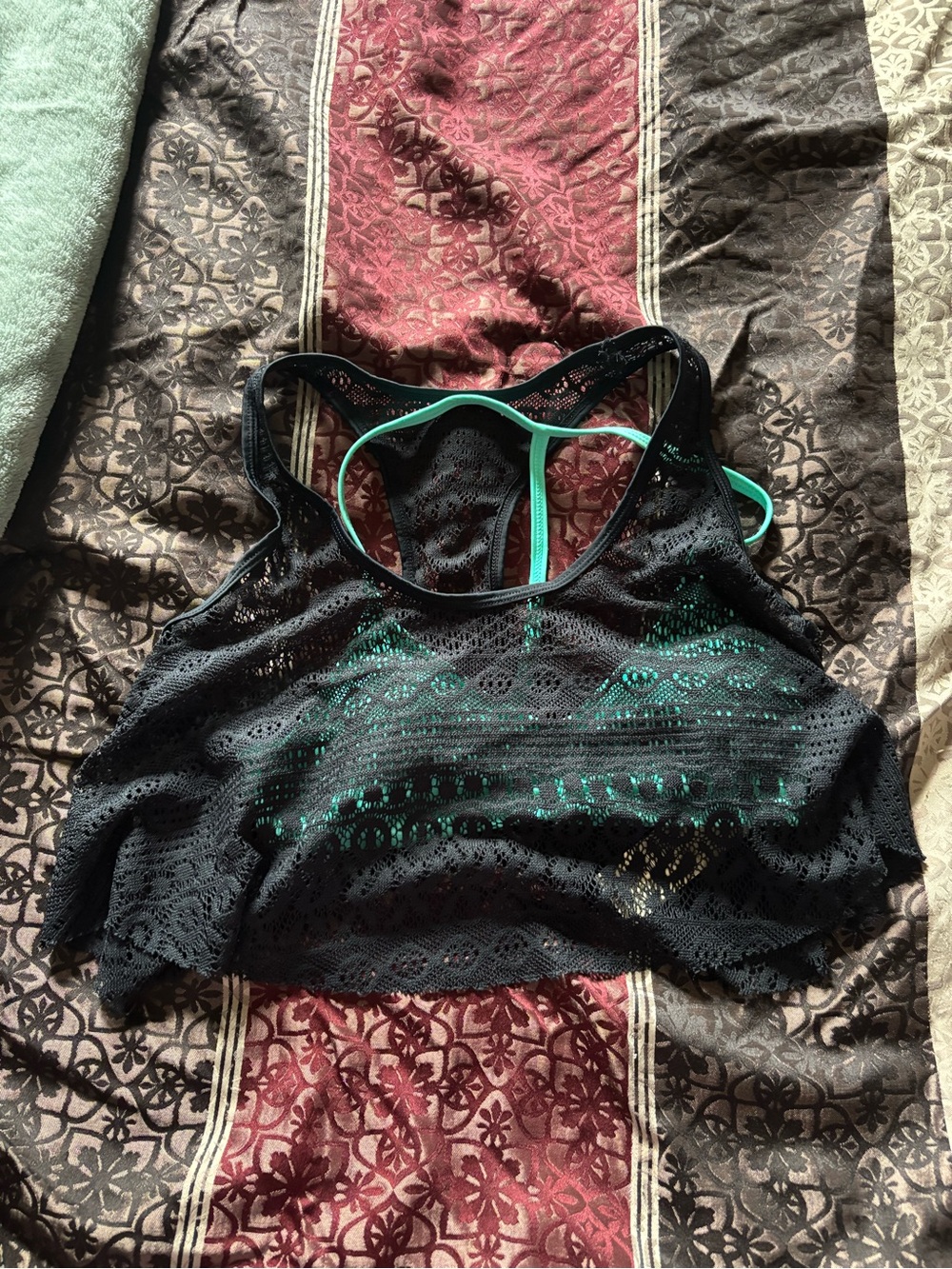 Arizona Jean Company Black Lace Swim Sports Bra with Teal Trim